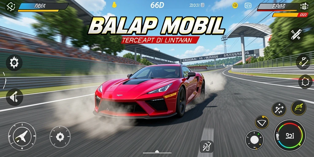 Screenshot balapan seru dalam 66D menampilkan mobil melaju kencang.