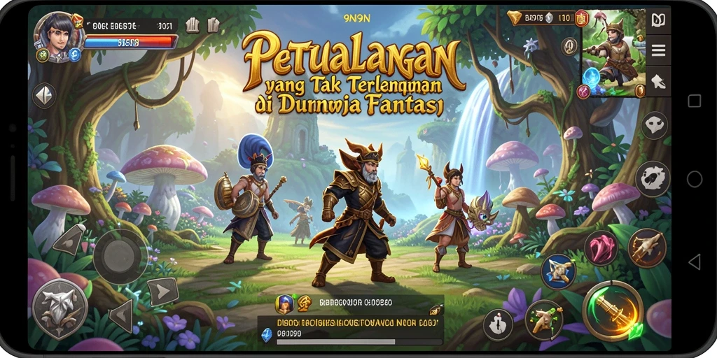 Screenshot permainan 9N9N menunjukkan karakter menjelajahi dunia petualangan yang menakjubkan.