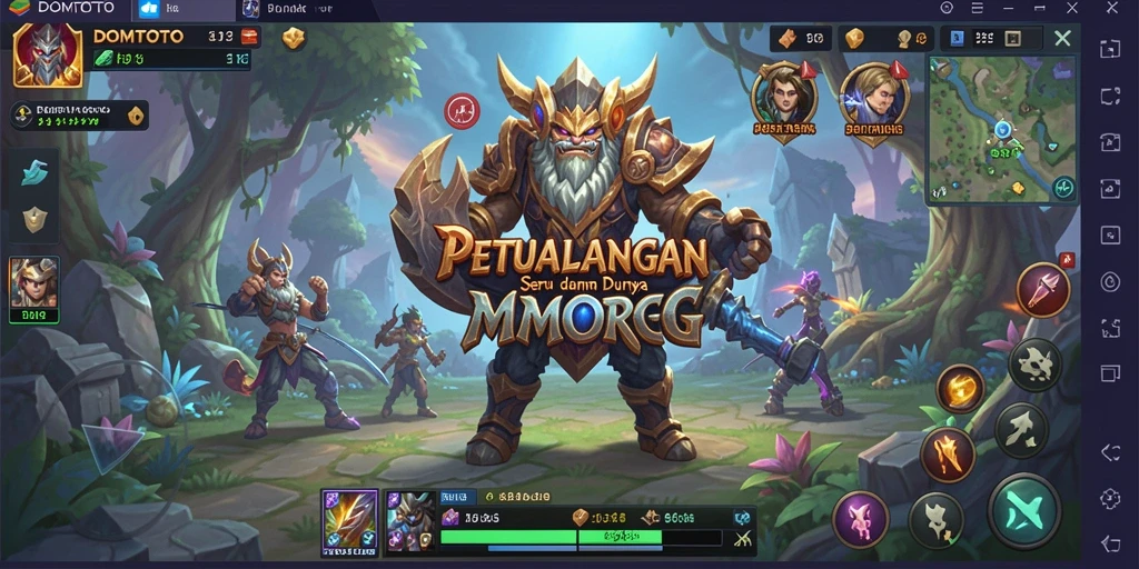 Screenshot gameplay DOMTOTO menampilkan pertempuran seru di dunia fantasi.