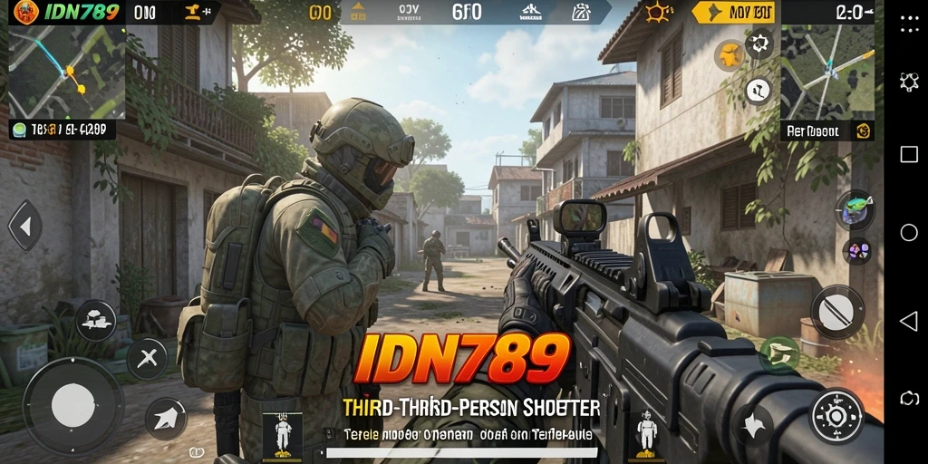 Screenshot gameplay IDN789 menunjukkan aksi tembak-menembak yang intens di medan perang.