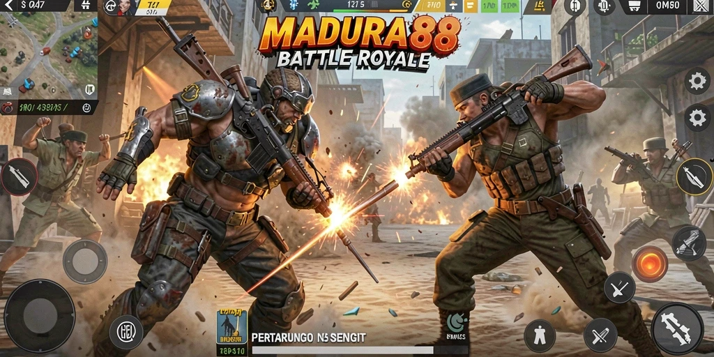 Screenshot menunjukkan pertempuran seru di pulau Battle Royale.