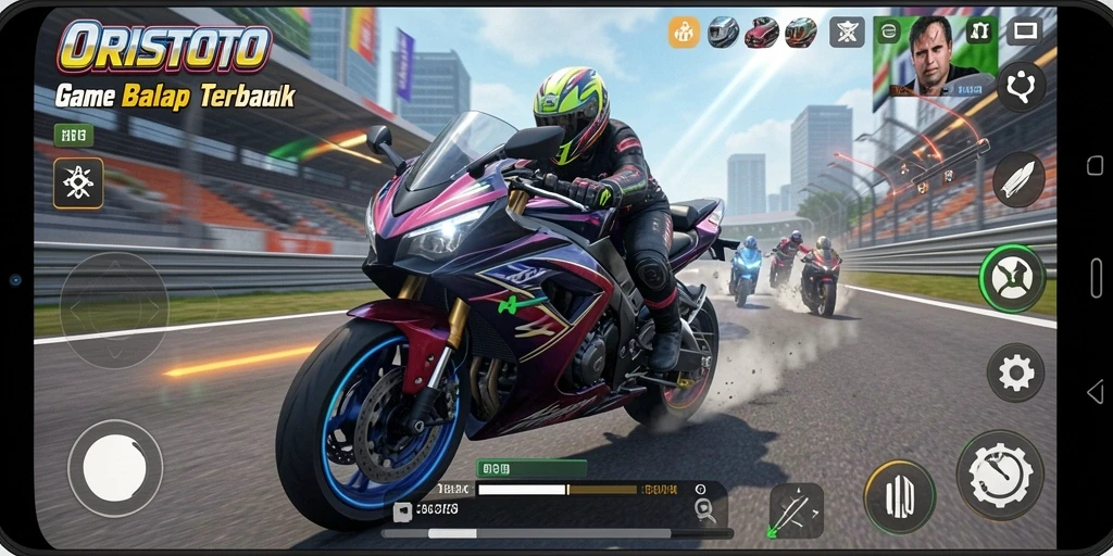 Screenshot gameplay ORISTOTO memperlihatkan aksi balap motor yang mendebarkan.