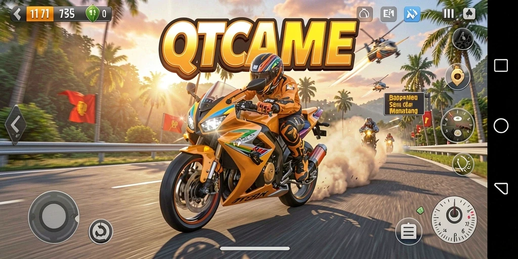 Screenshot gameplay QTGAME dengan aksi balapan motor yang menegangkan.