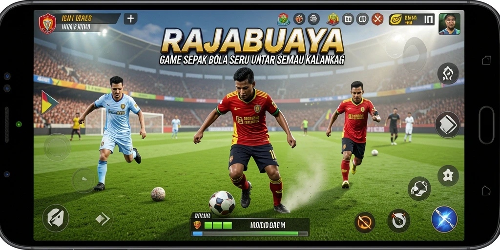 Tangkapan layar menunjukkan aksi seru dalam pertandingan sepak bola RAJABUAYA.