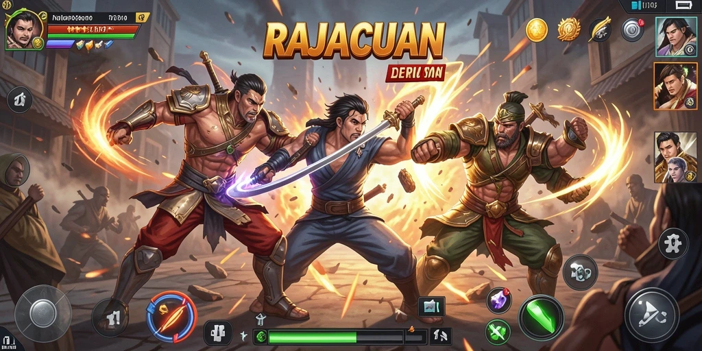 Screeenshot utama RAJACUAN menampilkan aksi pertarungan yang mendebarkan.
