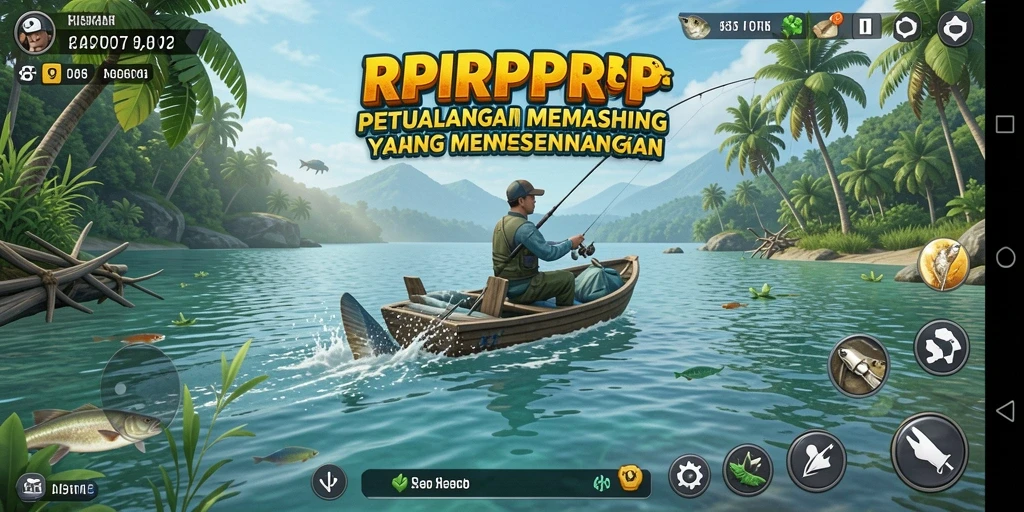 Screenshot gameplay RPRPRP yang menampilkan aktivitas memancing yang seru.