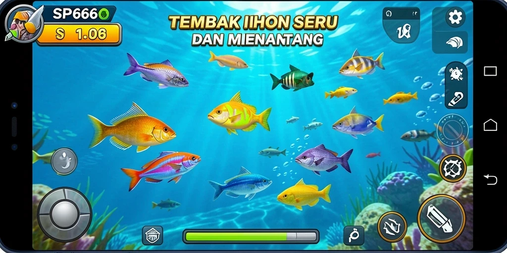 Screenshot memperlihatkan aksi menangkap ikan yang seru dalam SP666.