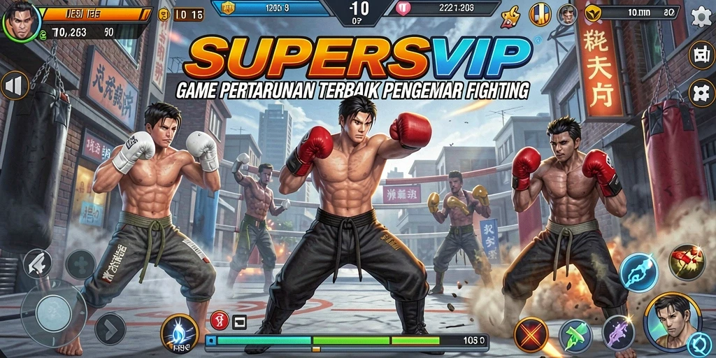Screenshot gameplay <strong>SUPERSVIP</strong> menampilkan aksi pertarungan seru dan karakter yang dinamis.