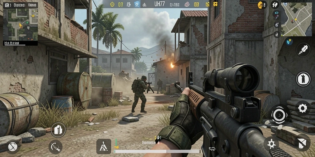 Tangkapan layar UH77 menampilkan aksi pertempuran intens dalam game FPS.